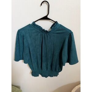 Voy Womens Teal Faux Suede Ruffle Mock Neck Smocked Hem Crop Top Small